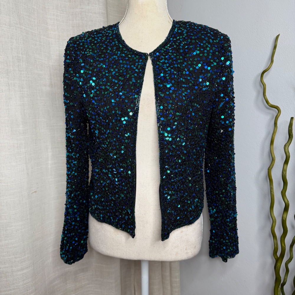 Laurence Kazar Sequin Beaded 100% Silk Evening Jacket Blue Green Womens Large